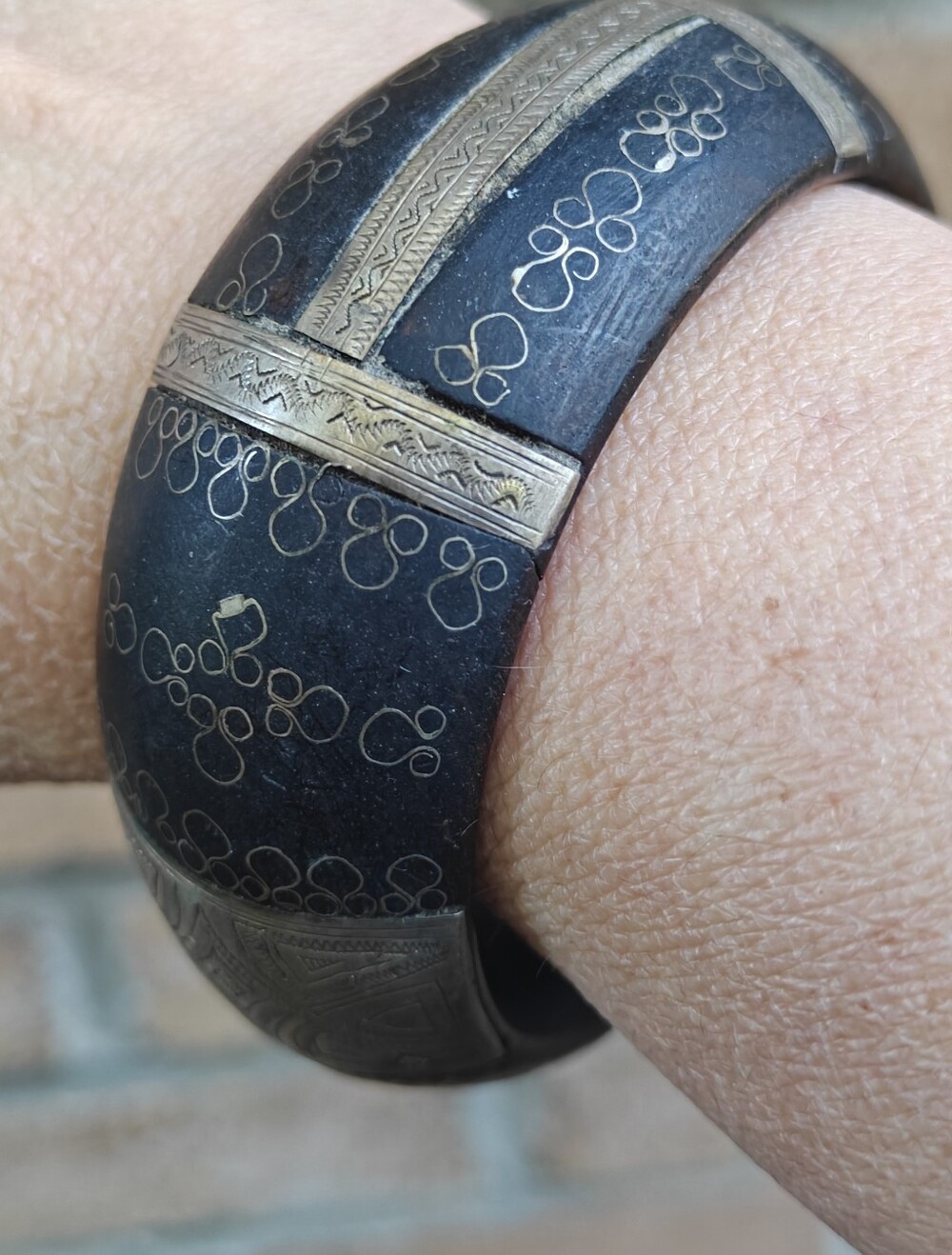 Old Tuareg Wood And Ornate Silver Wide Bangle Bracelet